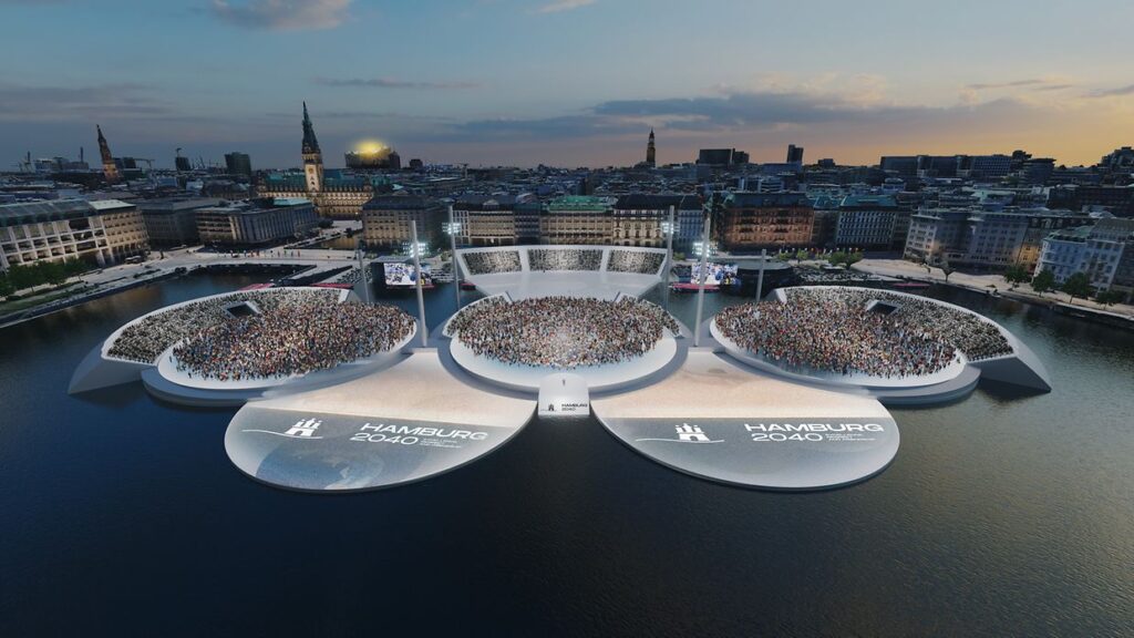 Drohende Gigantomanie auf der Binnenalster, oder in der amtlichen Tonlage: »Visualisierung einer spektakulären Eröffnungsfeier im Herzen der StadtHamburg«.