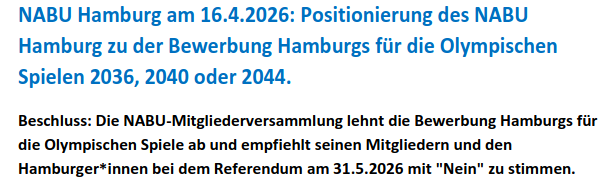 Vor dem Referendum: Größter Hamburger Naturschutzverband NABU sagt NEIN zu Olympia-Bewerbung